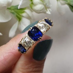 Golden Five Stone Cushion Cut Blue Sapphire Wedding Wand 925 Sterling Silver